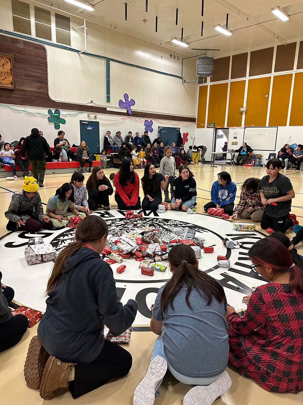 Kids sitting in a circle exchanging gifts